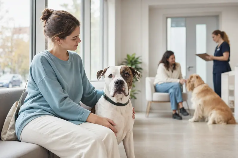 Ein American Bulldog sitzt entspannt neben seinem Besitzer in einem modernen, hellen Wartezimmer der Tierarztpraxis.
